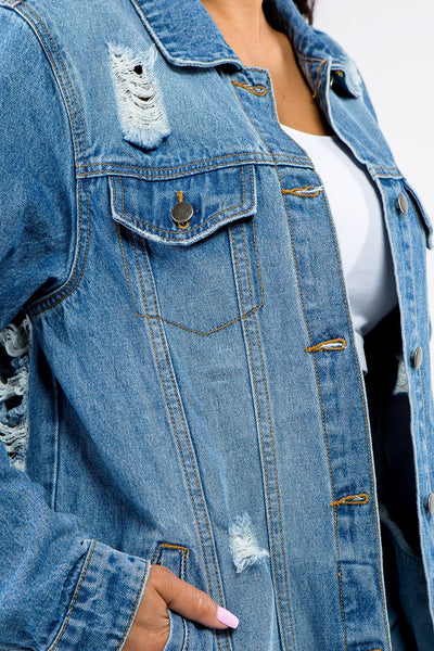 Vintage Distressed Denim Jacket with Full Button Closure