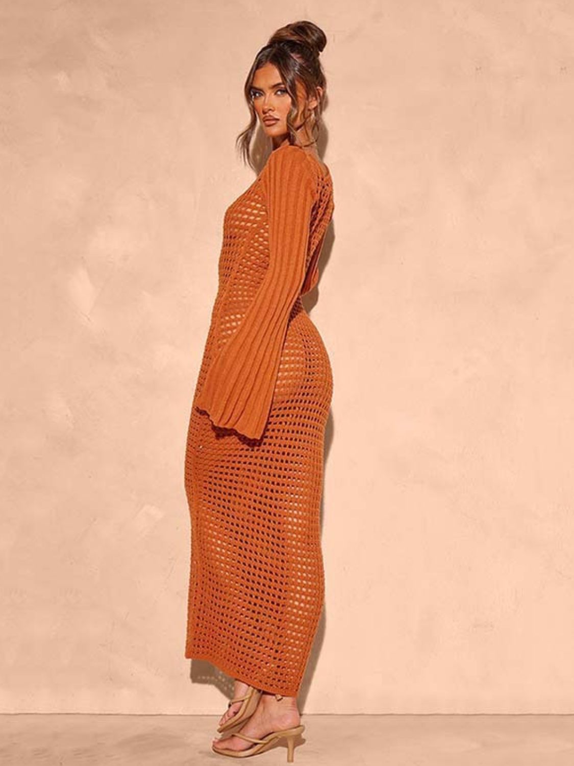 Openwork Square Neck Flare Sleeve Cover-Up Dress Chic Style
