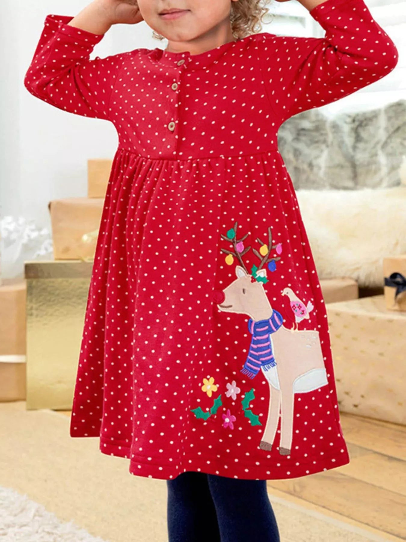 Children's Reindeer Polka Dot Button Detail Dress