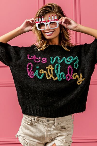 Cozy BiBi Metallic Letter Puff Sleeve Hairy Sweater