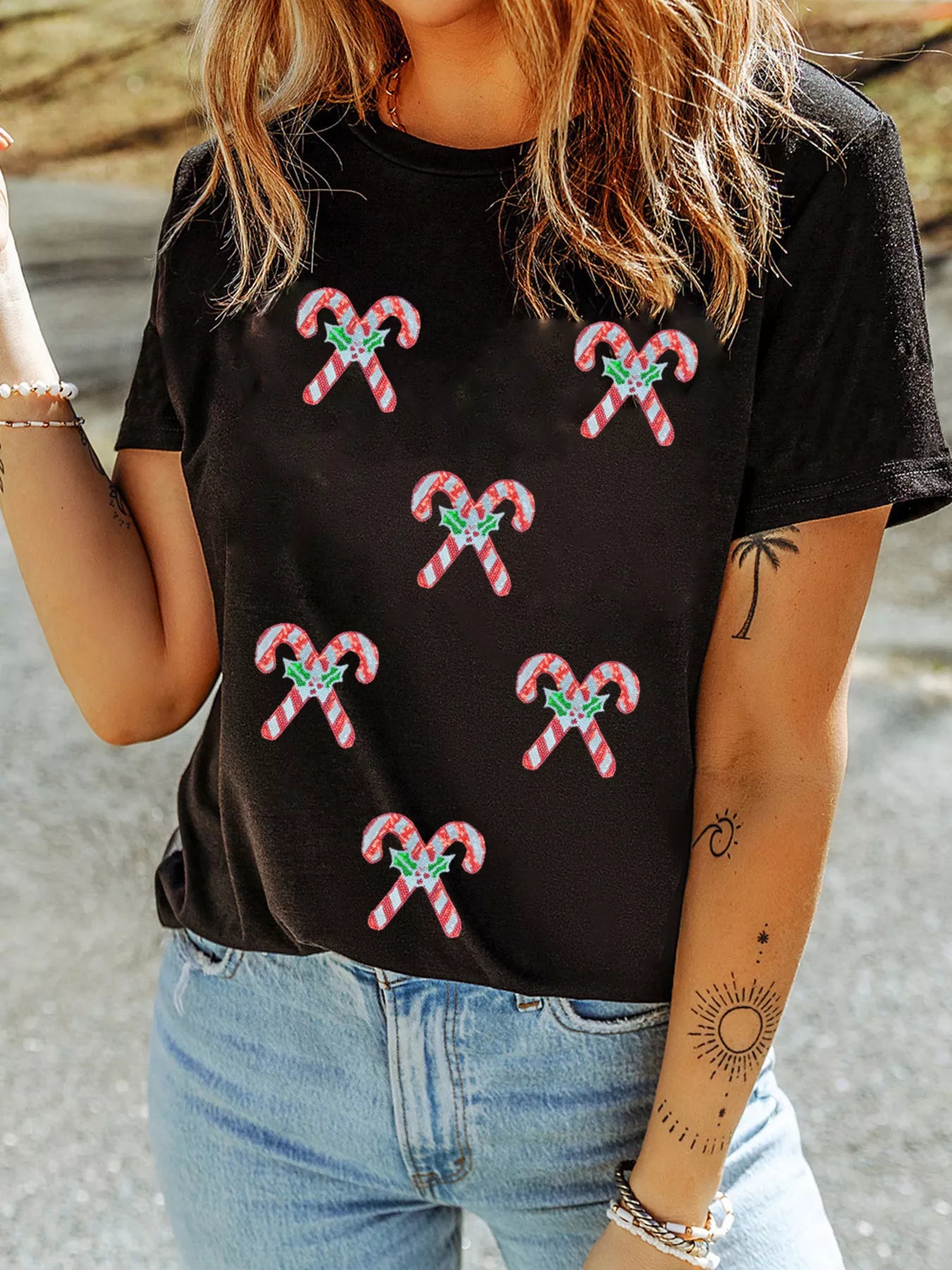 Holly Candy Cane Christmas Sequin Short Sleeve T Shirt