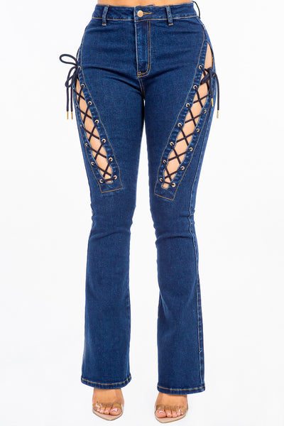 Women's High-Rise Lace-Up Denim Jeans with Flared Legs
