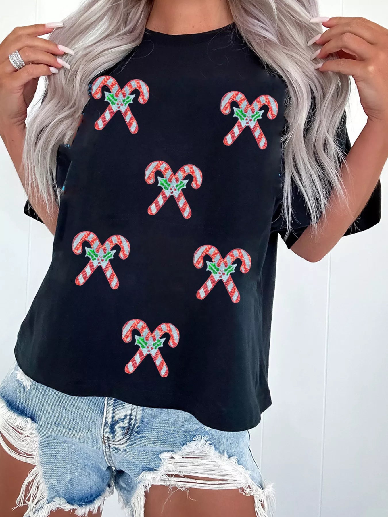 Holly Candy Cane Christmas Sequin Short Sleeve T Shirt