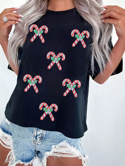 Holly Candy Cane Christmas Sequin Short Sleeve T Shirt