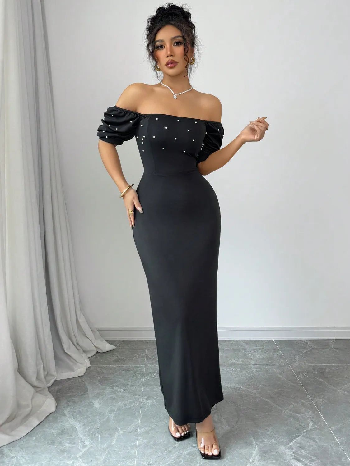 Off Shoulder Short Sleeve Maxi Dress