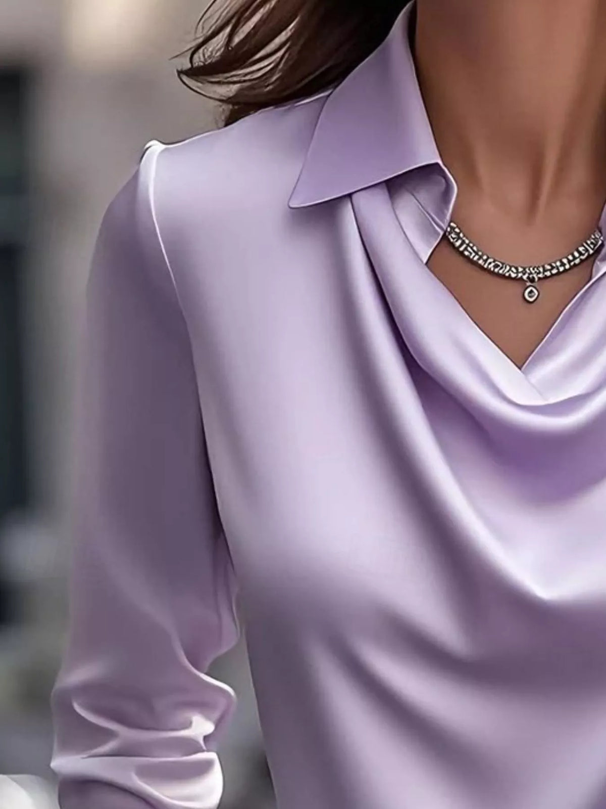 Ruched Long Sleeve Drape Collar Blouse