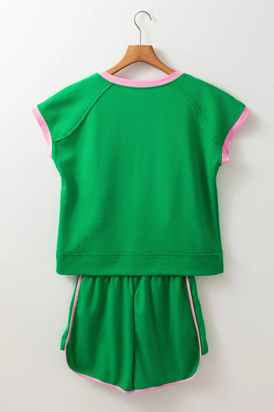 Two Tone Contrast Textured Crewneck Tee and Shorts Set