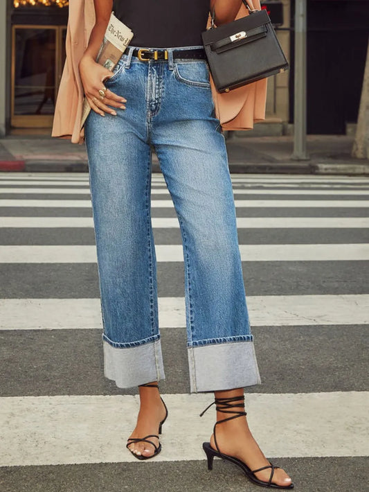 High Waisted Straight Leg Rolled Jeans