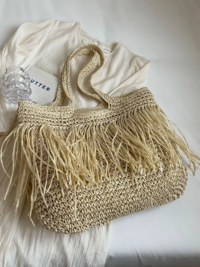 Bohemian Straw Fringe Hobo Handbag