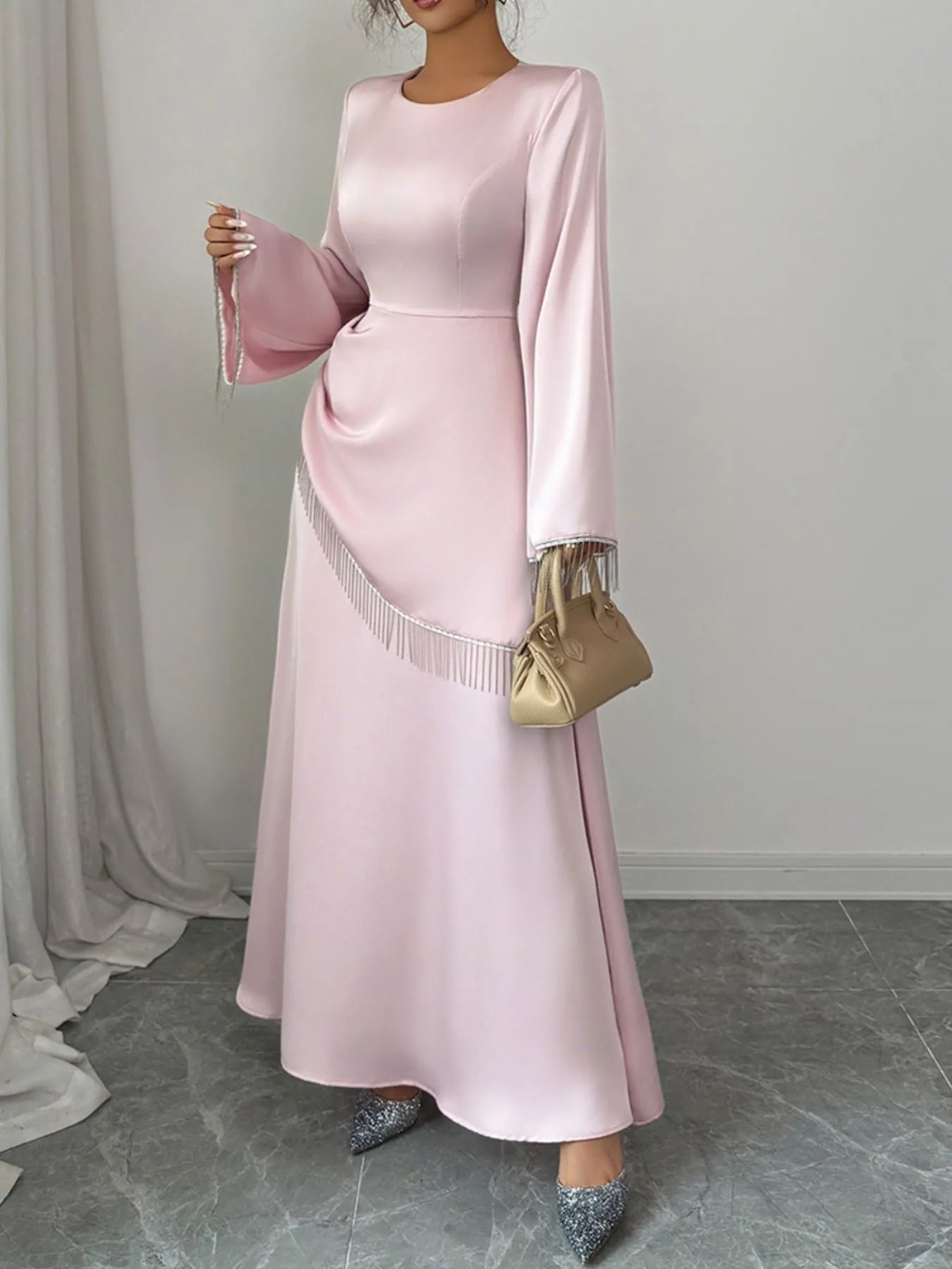 Fringe Long Sleeve Bodycon Maxi Dress