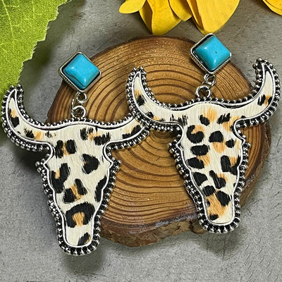 Western Boho Chic Turquoise Bull Head Dangle Earrings