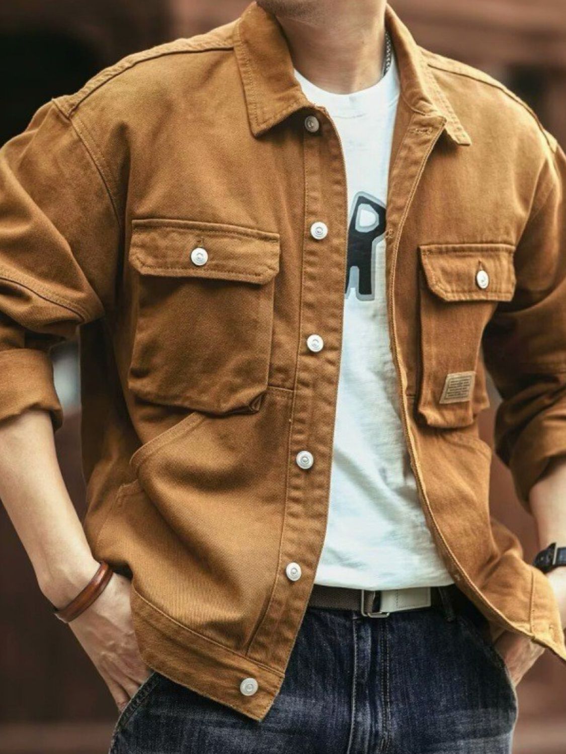 Men's Washed Collared Neck Cargo Jacket for Stylish Comfort