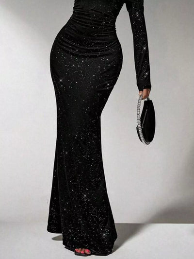 Off-Shoulder Glitter Evening Maxi Dress