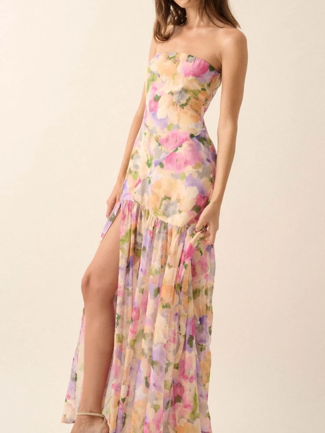 Strapless Floral Maxi Dress with Side Slit