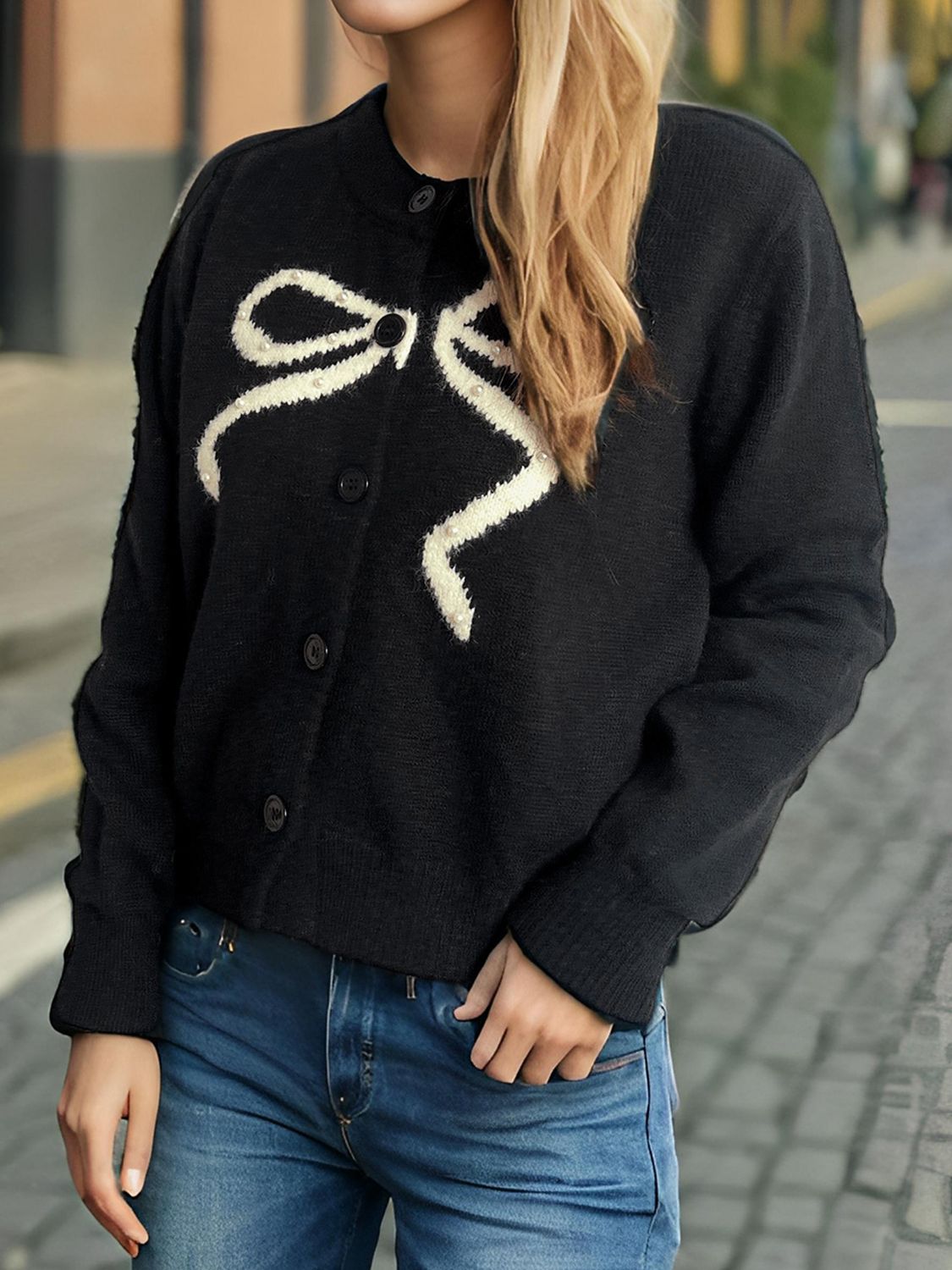 Chic Bow Button Cardigan with Stylish Round Neck Design
