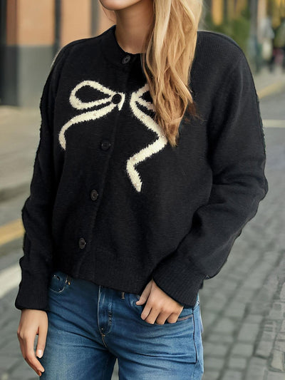 Chic Bow Button Cardigan with Stylish Round Neck Design
