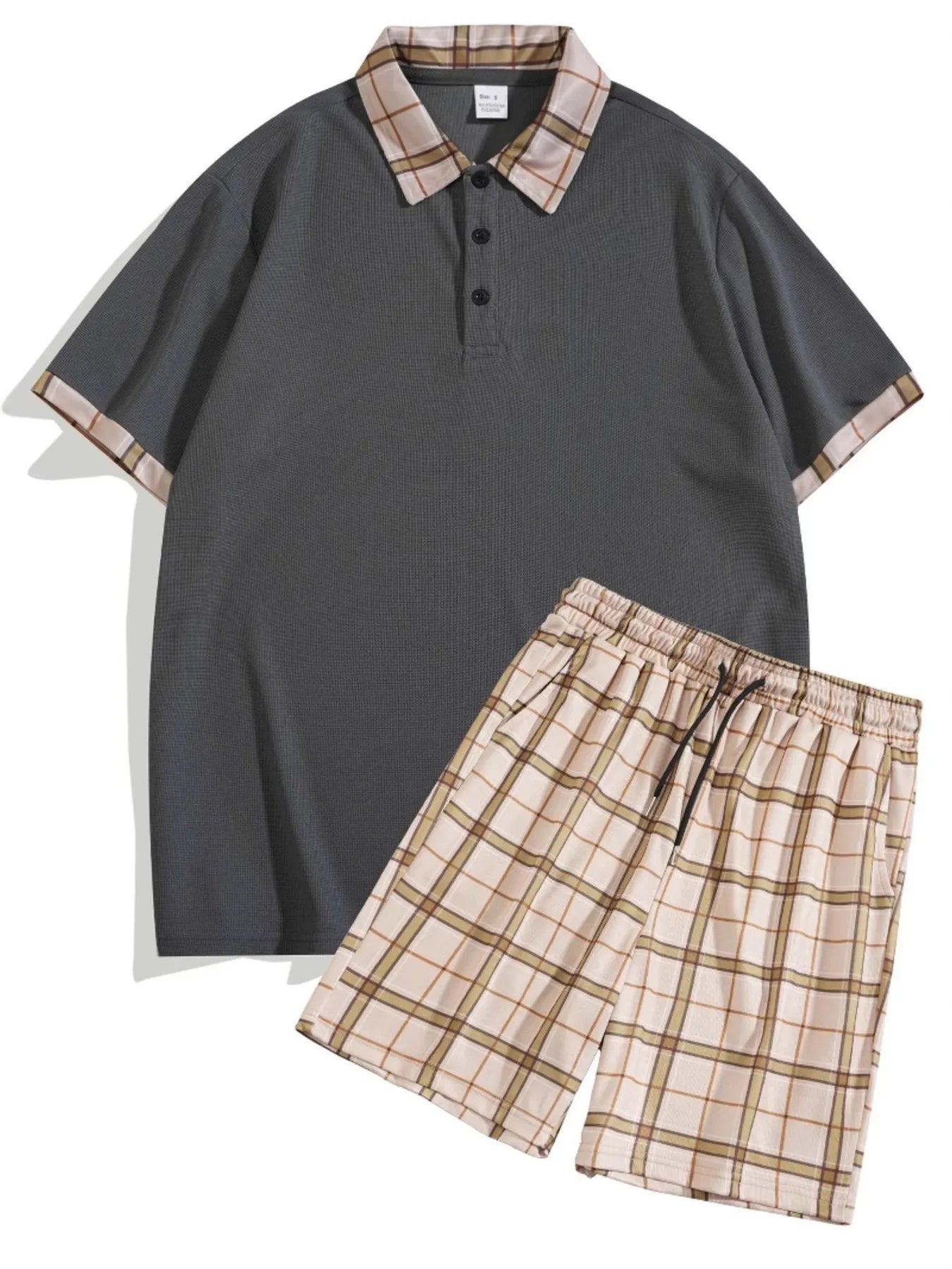 Men's Full Size Classic Plaid Collar Polo and Shorts Set Plus Size