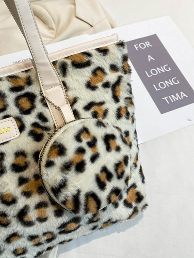 Leopard Faux Fur Tote Bag with Coin Purse for Chic Style
