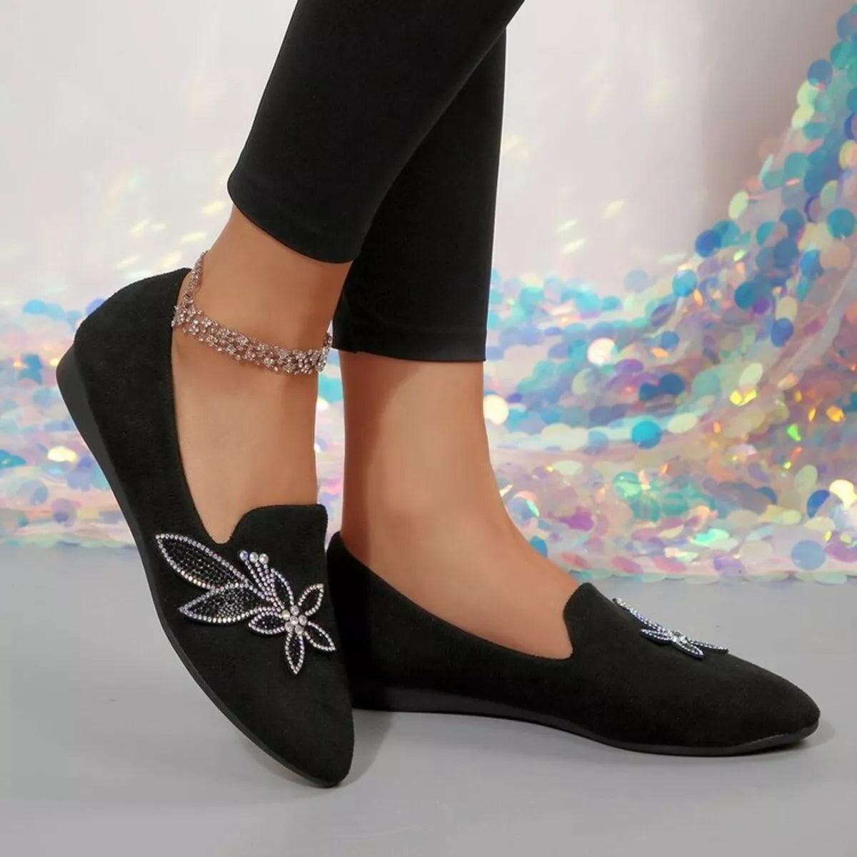 Rhinestone Point Toe Flats Slip-Ons