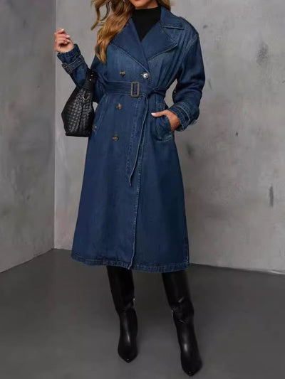 Fashionable Longline Denim Jacket with Button Closure
