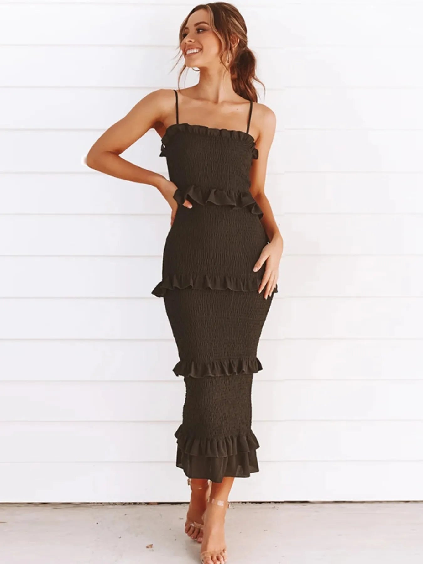 Smocked Ruffled Midi Cami Dress
