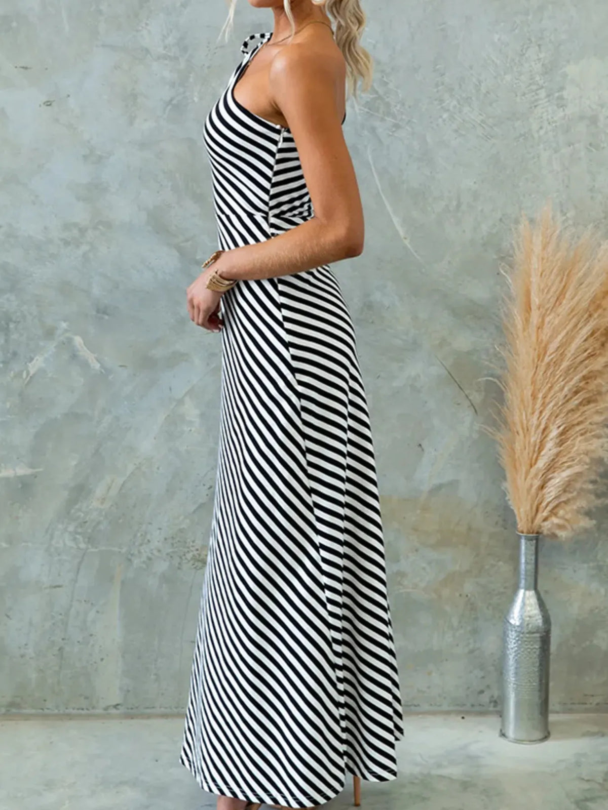One Shoulder Striped Maxi Dress