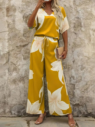 Printed V-Neck Top and Wide Leg Pants Set