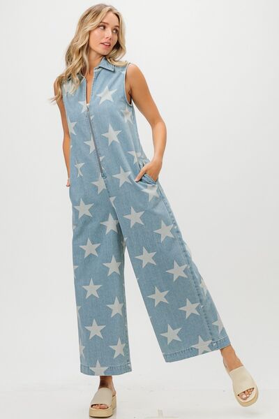 Trendy Star Print Denim Jumpsuit with Half Zip Sleeveless Design