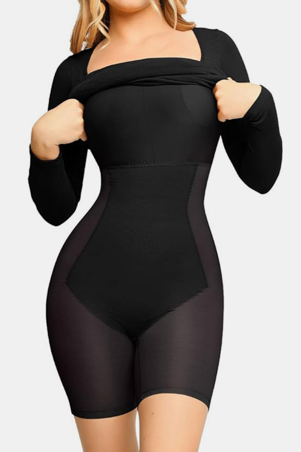 Sleek Black Long Sleeve Dress with Built-In Shapewear Elegance