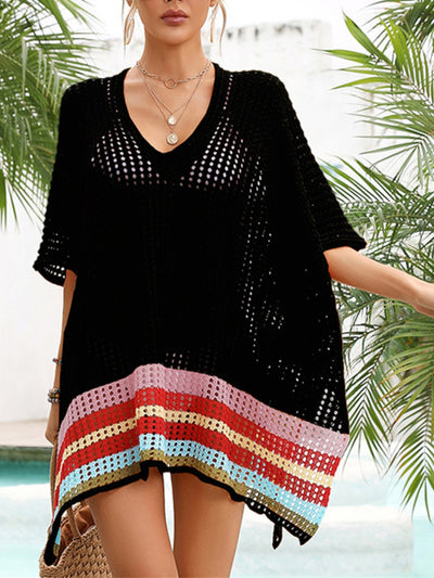 Slit Openwork V-Neck Half Sleeve Cover-Up for Summer Style