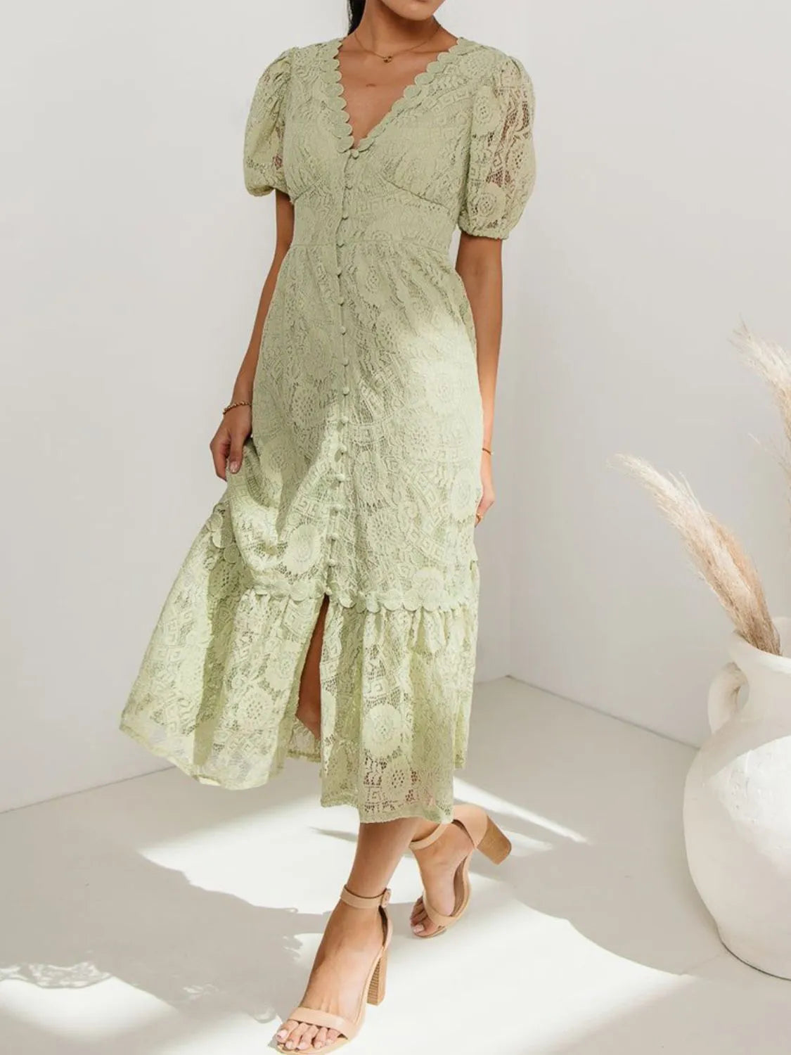 Lace V-Neck Short Sleeve Dress