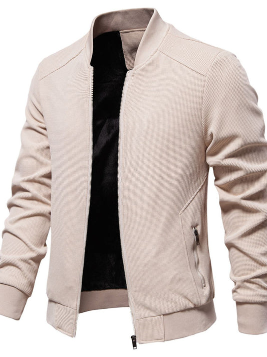 Men's Waffle Knit Baseball Collar Zip Up Jacket for Style