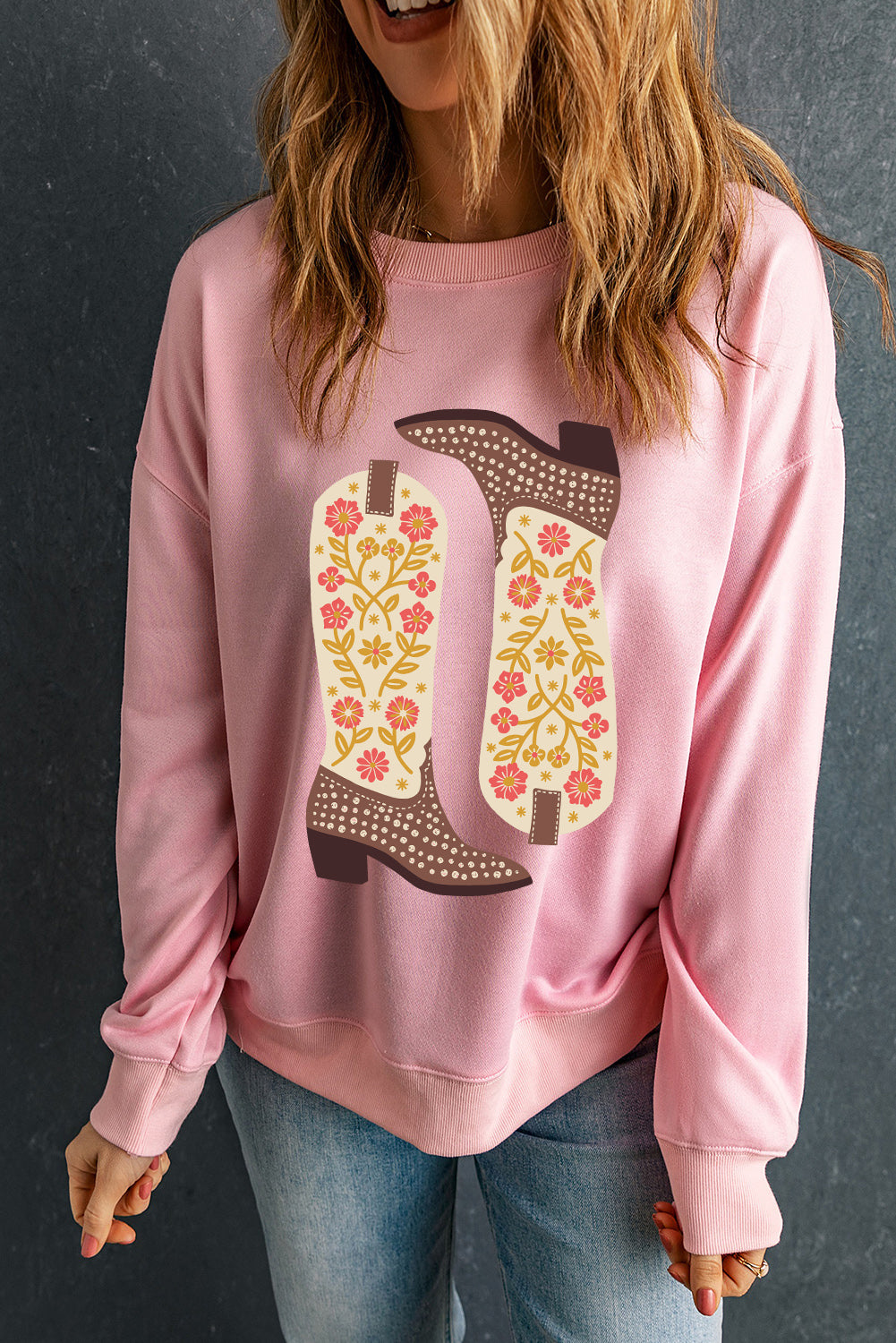 Cozy Pink Boot Graphic Sweatshirt - Relaxed Fit, Casual Style