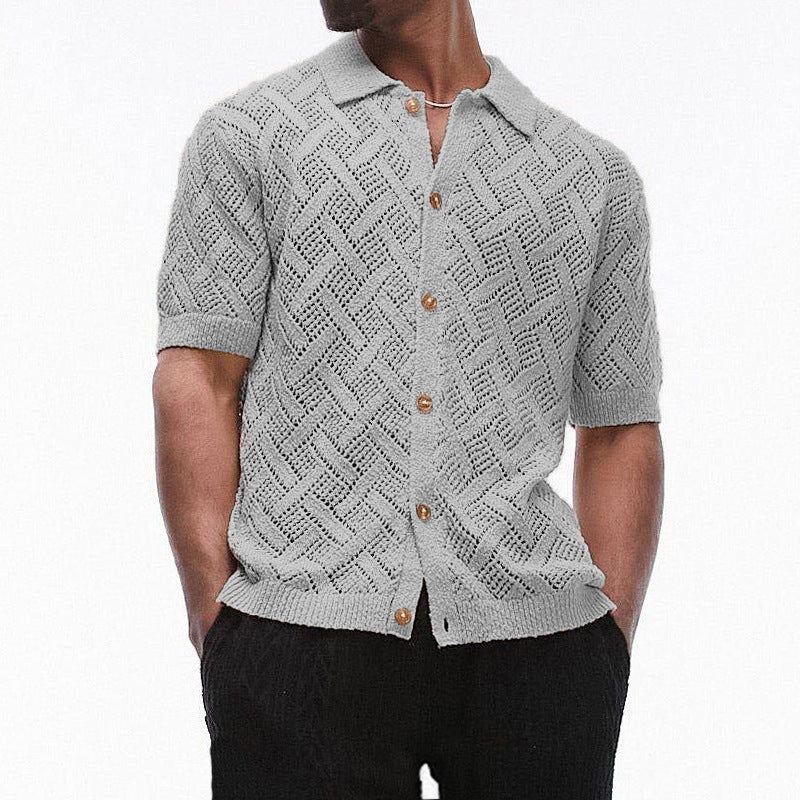 Men's Button Down Collared Neck Eyelet Knit Shirt Style