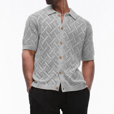 Men's Button Down Collared Neck Eyelet Knit Shirt Style