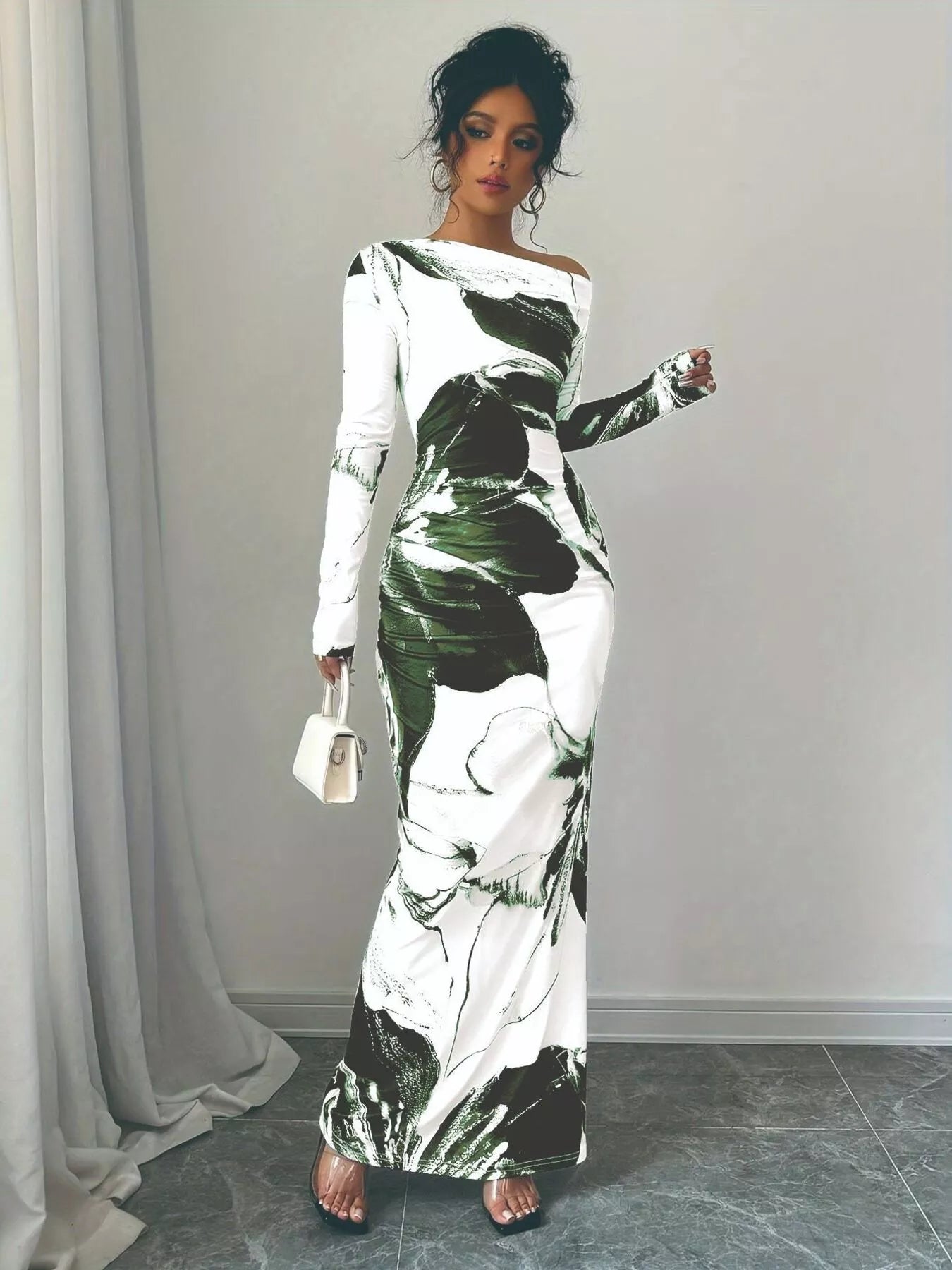 Floral One Shoulder Long Sleeve Maxi Dress