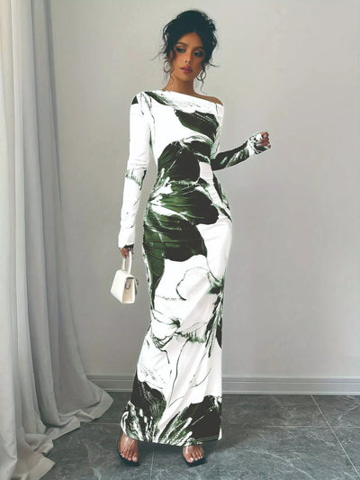 Floral One Shoulder Long Sleeve Maxi Dress