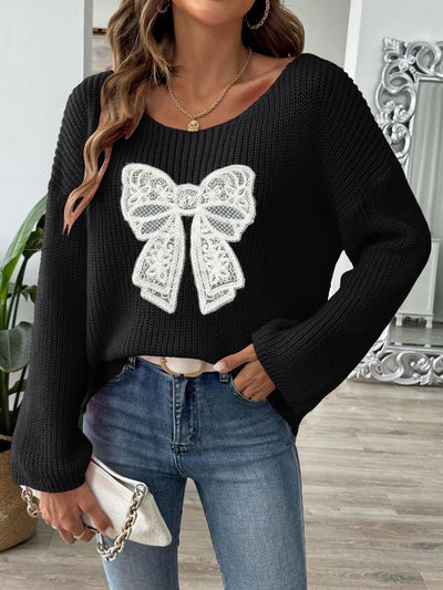Chic Bow Boat Neck Sweater with Cozy Long Sleeves, Pink