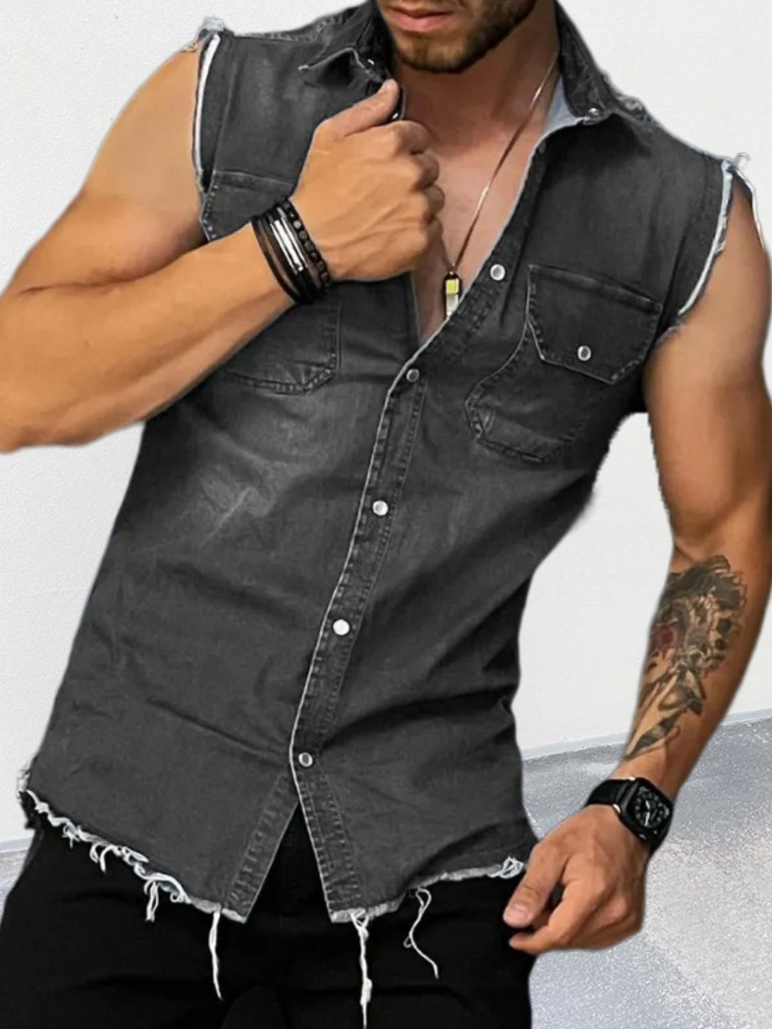 Men's Snap Down Sleeveless Denim Shirt for Casual Style