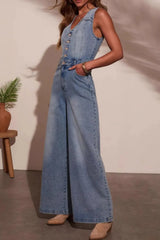 V-neck Wide Leg Denim Jumpsuit