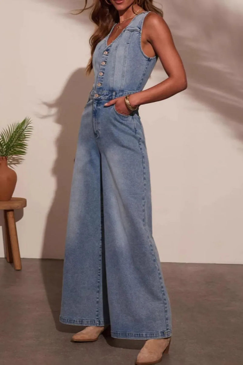 V-neck Wide Leg Denim Jumpsuit