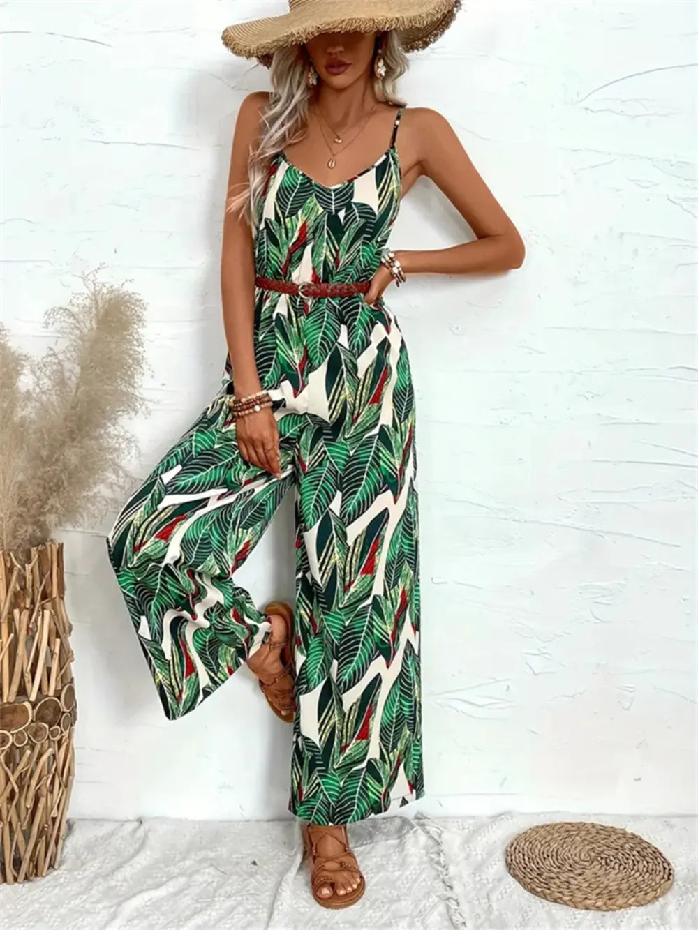 Tropical Print Spaghetti Strap Wide Leg Jumpsuit