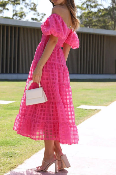 Off Shoulder Short Puff Sleeve Midi Dress