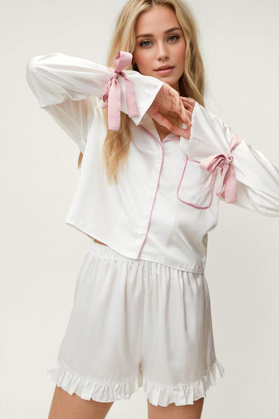 Chic Tied Cuff Collared Lounge Set with Frill Shorts