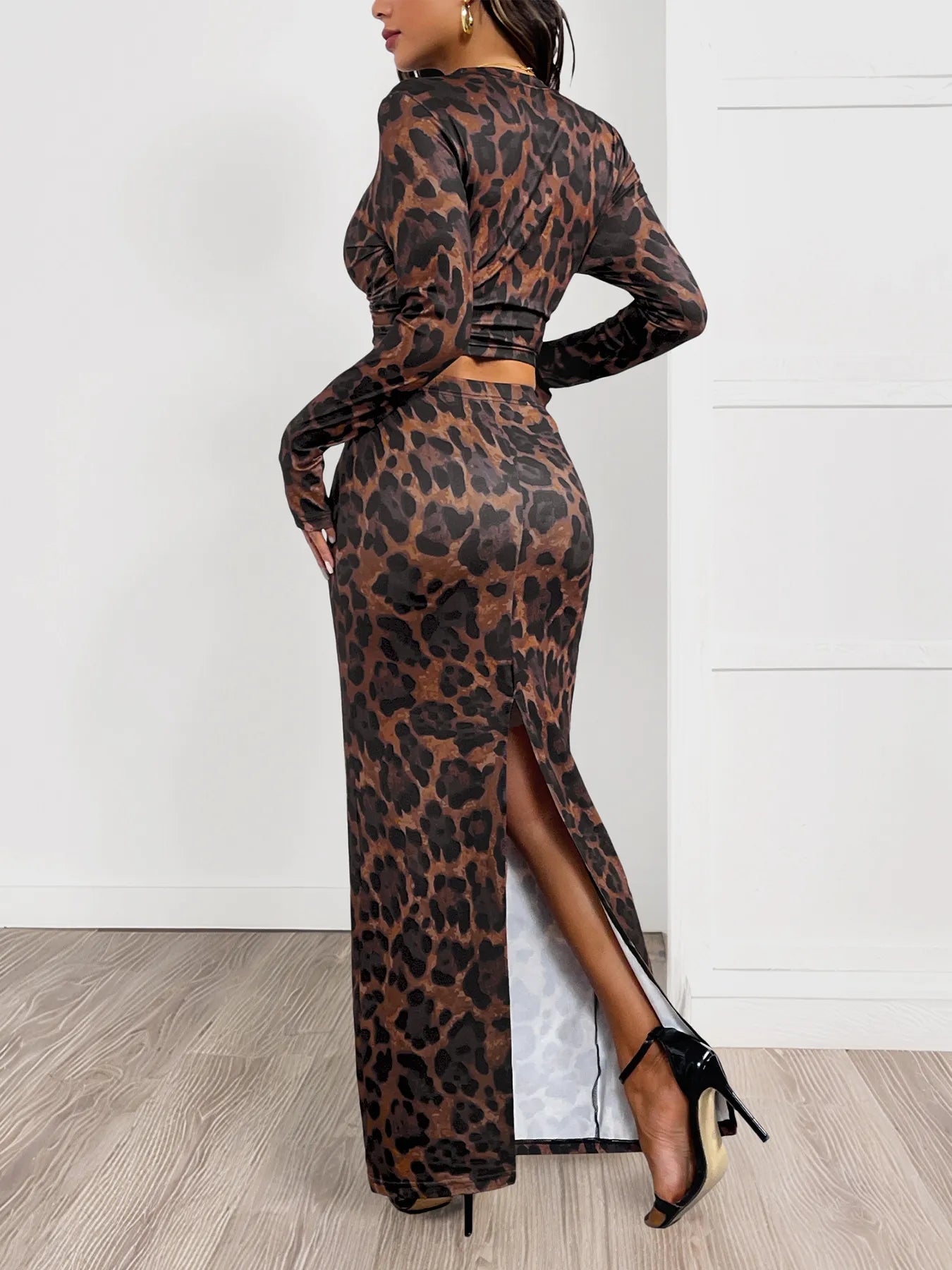 Leopard Round Neck Top and Skirt Set
