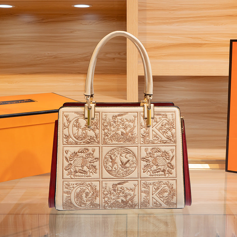 Embroidered Leather Top Handle Handbag