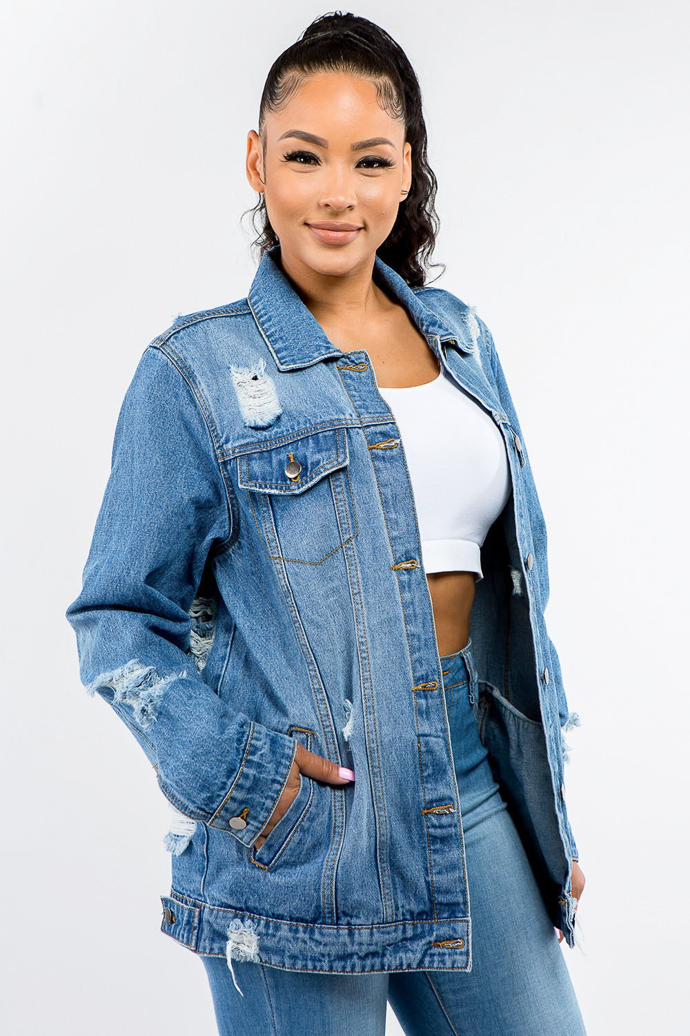 Vintage Distressed Denim Jacket with Full Button Closure