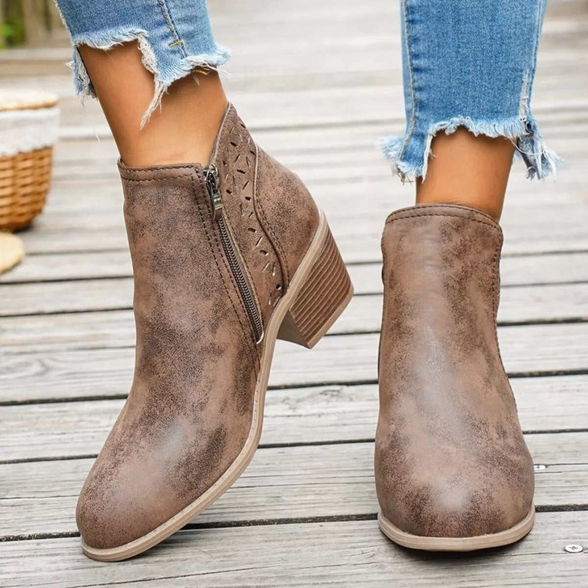 Block Heel Ankle Boots with Cutout Detail