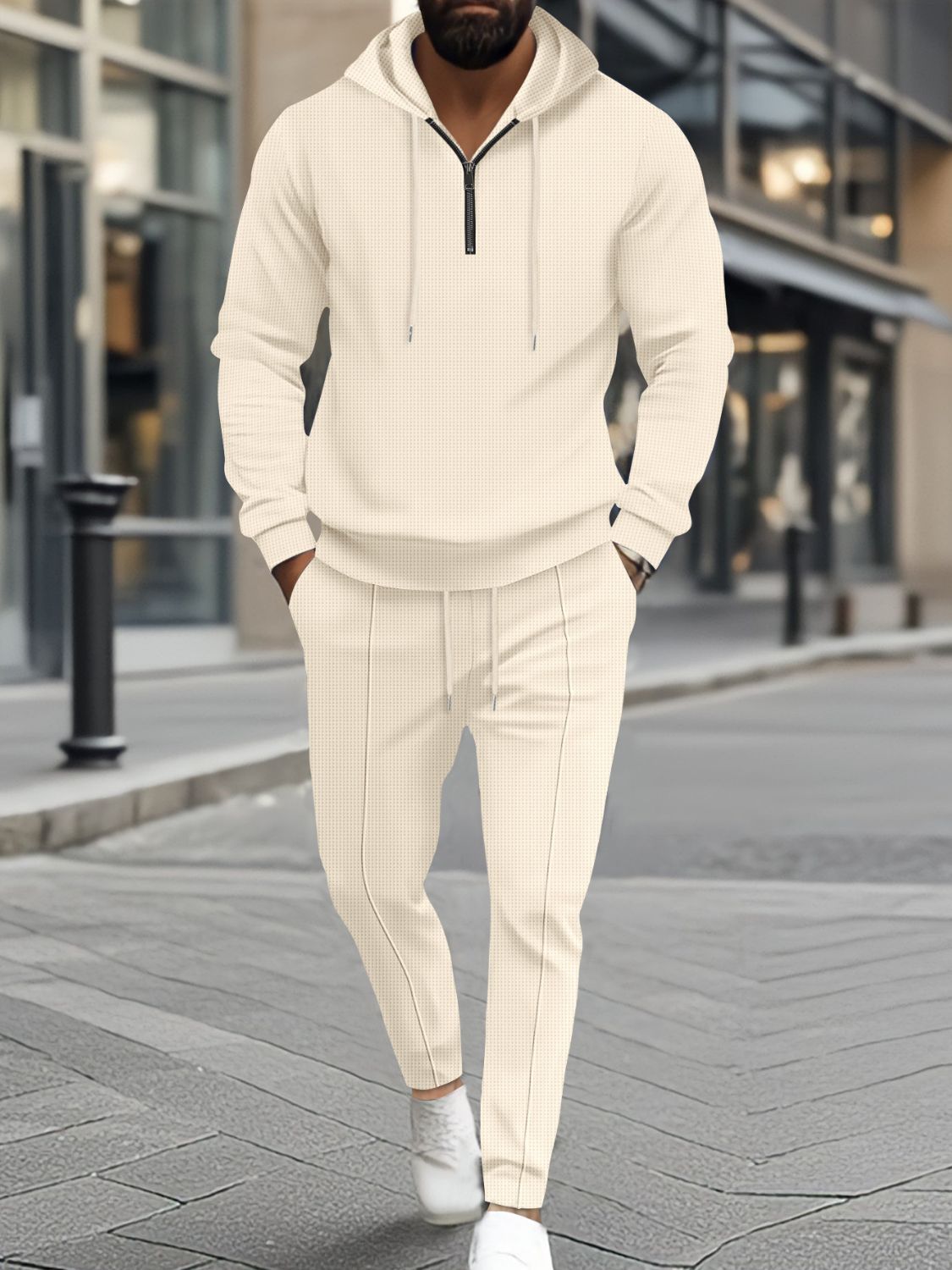 Men's Full Size Waffle-Knit Half Zipper Hoodie and Pants Set Plus Size for Comfort