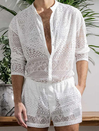 Men's Full Size Lace Button Down Top and Shorts Set Plus Size